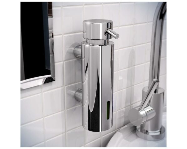 Dozownik mydła w płynie mocowany do ściany, pojemność zbiornika 300 ml, polerowany Dozownik mydła w płynie mocowany do ściany, pojemność zbiornika 300 ml, polerowany