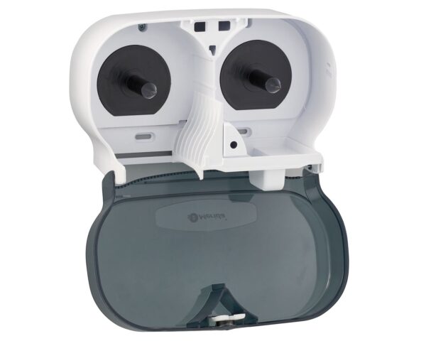 Pojemnik na dwie rolki papieru toaletowego bez gilzy MERIDA ONE, tworzywo ABS, biały Pojemnik na dwie rolki papieru toaletowego bez gilzy MERIDA ONE, tworzywo ABS, biały