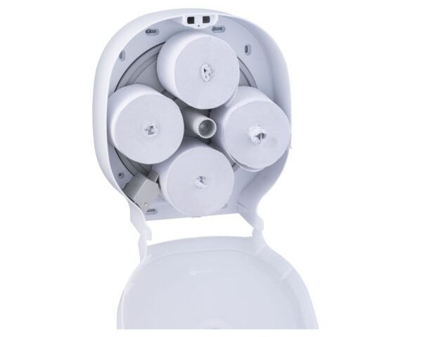 Pojemnik na cztery rolki na cztery rolki papieru toaletowego bez gilzy MERIDA HARMONY, tworzywo, biały transparentny Pojemnik na cztery rolki na cztery rolki papieru toaletowego bez gilzy MERIDA HARMONY, tworzywo, biały transparentny