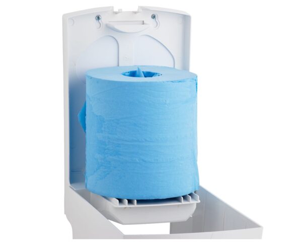 Pojemnik na ręczniki papierowe w rolach MERIDA TOP MAXI, tworzywo ABS, biały, okienko niebieskie Pojemnik na ręczniki papierowe w rolach MERIDA TOP MAXI, tworzywo ABS, biały, okienko niebieskie