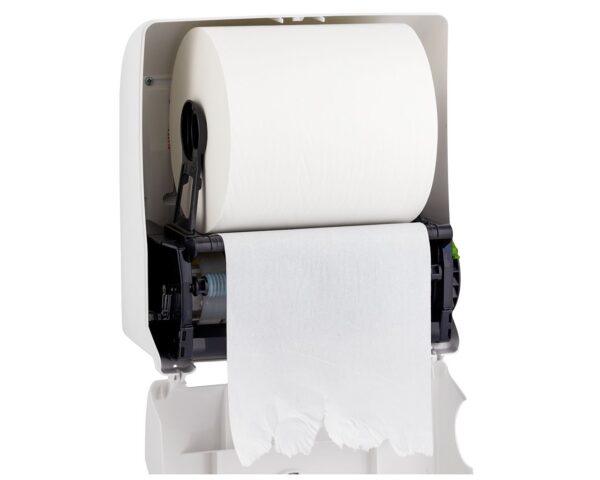 Mechaniczny podajnik ręczników papierowych w rolach MERIDA TOP AUTOMATIC MAXI, tworzywo ABS, biały połysk, okienko niebieskie Mechaniczny podajnik ręczników papierowych w rolach MERIDA TOP AUTOMATIC MAXI, tworzywo ABS, biały połysk, okienko niebieskie