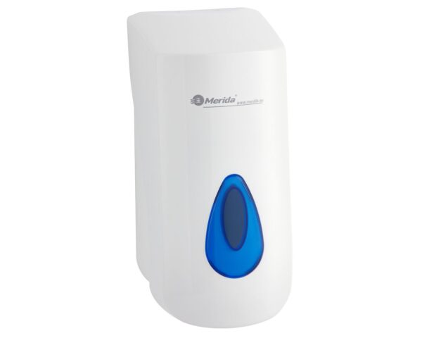 Dozownik mydła w płynie lub kremu do rąk MERIDA TOP MAXI na jednorazowe wkłady 880 ml, tworzywo ABS, biały, okienko niebieskie Dozownik mydła w płynie lub kremu do rąk MERIDA TOP MAXI na jednorazowe wkłady 880 ml, tworzywo ABS, biały, okienko niebieskie