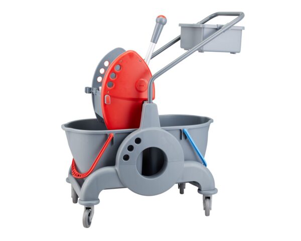 Wózek serwisowy do sprzątania, dwuwiadrowy, 2× wiadro 15 l, kuweta 8 l, czerwona prasa Wózek serwisowy do sprzątania, dwuwiadrowy, 2× wiadro 15 l, kuweta 8 l, czerwona prasa