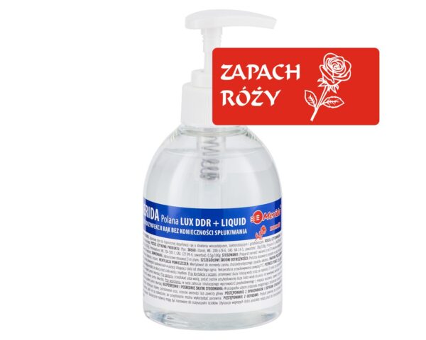 Płyn dezynfekcyjny o zapachu róży MERIDA POLANA LUX DDR+ LIQUID do higienicznej dezynfekcji rąk, butelka 300 ml z pompką Płyn dezynfekcyjny o zapachu róży MERIDA POLANA LUX DDR+ LIQUID do higienicznej dezynfekcji rąk, butelka 300 ml z pompką