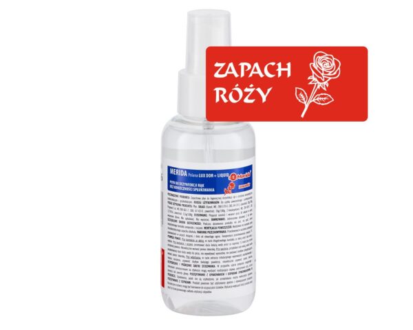 Płyn dezynfekcyjny o zapachu róży MERIDA POLANA LUX DDR+ LIQUID do higienicznej dezynfekcji rąk, butelka 100 ml z atomizerem Płyn dezynfekcyjny o zapachu róży MERIDA POLANA LUX DDR+ LIQUID do higienicznej dezynfekcji rąk, butelka 100 ml z atomizerem