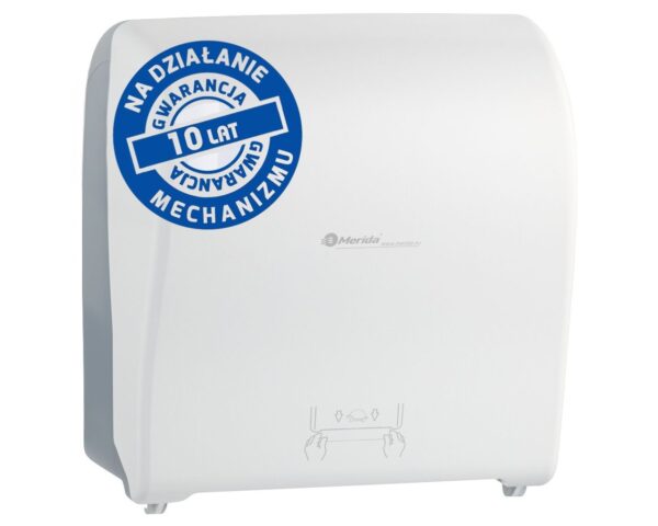 Mechaniczny podajnik ręczników papierowych w rolach MERIDA SOLID CUT AUTOMATIC MAXI, tworzywo ABS, front pełen biały - mat, tył transparentny jasny - mat