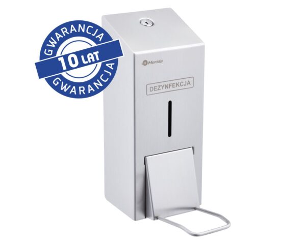 Dozownik płynu dezynfekcyjnego w sprayu z przyciskiem łokciowym MERIDA STELLA, pojemność zbiornika 800 ml, stal matowa Dozownik płynu dezynfekcyjnego w sprayu z przyciskiem łokciowym MERIDA STELLA, pojemność zbiornika 800 ml, stal matowa