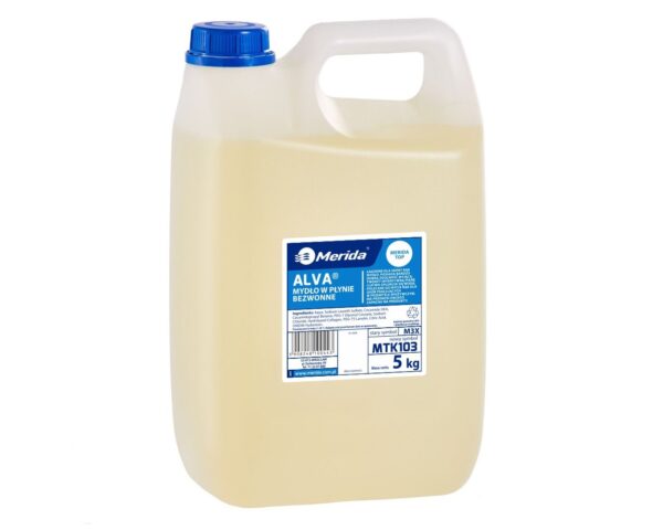 Specjalistyczne mydło w płynie dla przemysłu spożywczego MERIDA ALVA BEZWONNE słomkowe, kanister 5 kg, bez zapachu