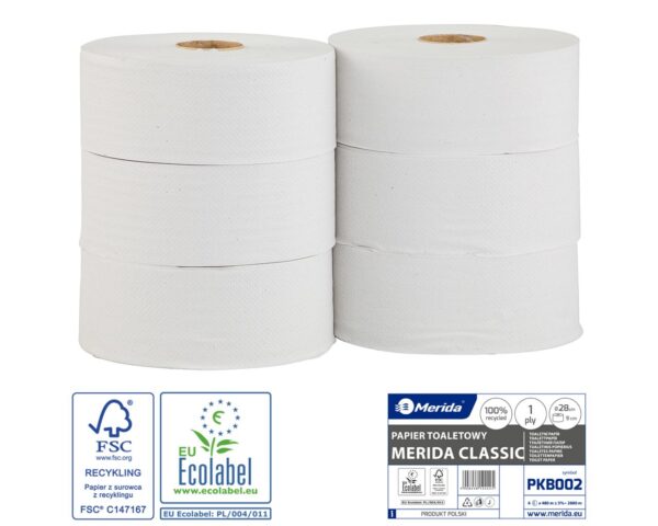 Papier toaletowy MERIDA CLASSIC , biały, średnica 28 cm, długość 480 m, jednowarstwowy, zgrzewka 6 szt., ECOLABEL Papier toaletowy MERIDA CLASSIC , biały, średnica 28 cm, długość 480 m, jednowarstwowy, zgrzewka 6 szt., ECOLABEL