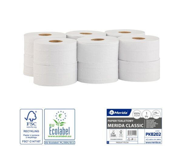 Papier toaletowy MERIDA CLASSIC, biały, średnica 19 cm, długość 220 m, jednowarstwowy, zgrzewka 12 szt., ECOLABEL Papier toaletowy MERIDA CLASSIC, biały, średnica 19 cm, długość 220 m, jednowarstwowy, zgrzewka 12 szt., ECOLABEL