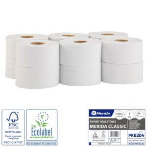Papier toaletowy MERIDA CLASSIC, biały, średnica 19 cm, długość 180 m, jednowarstwowy, zgrzewka 12 szt., ECOLABEL