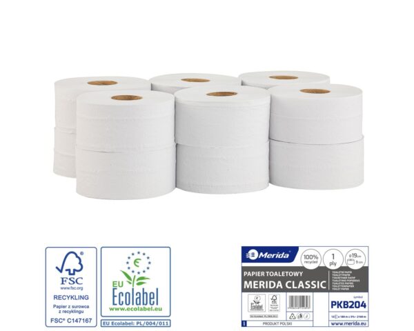 Papier toaletowy MERIDA CLASSIC, biały, średnica 19 cm, długość 180 m, jednowarstwowy, zgrzewka 12 szt., ECOLABEL Papier toaletowy MERIDA CLASSIC, biały, średnica 19 cm, długość 180 m, jednowarstwowy, zgrzewka 12 szt., ECOLABEL