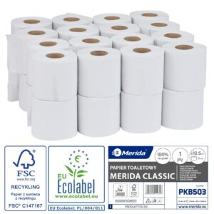 Papier toaletowy MERIDA CLASSIC, biały, średnica 11 cm, długość 50 m, jednowarstwowy, worek 32 szt., ECOLABEL