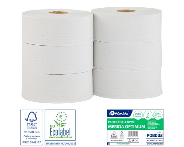 Papier toaletowy MERIDA OPTIMUM, biały, średnica 28 cm, długość 340 m, dwuwarstwowy, zgrzewka 6 szt., ECOLABEL