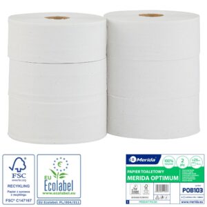 Papier toaletowy MERIDA OPTIMUM, biały, średnica 23 cm, długość 210 m, dwuwarstwowy, zgrzewka 6 szt., ECOLABEL