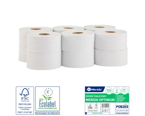 Papier toaletowy MERIDA OPTIMUM, biały, średnica 19 cm, długość 140 m, dwuwarstwowy, zgrzewka 12 szt., ECOLABEL Papier toaletowy MERIDA OPTIMUM, biały, średnica 19 cm, długość 140 m, dwuwarstwowy, zgrzewka 12 szt., ECOLABEL