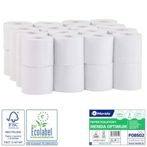 Papier toaletowy MERIDA OPTIMUM, biały, średnica 11 cm, długość 50 m, dwuwarstwowy, worek 32 szt., ECOLABEL