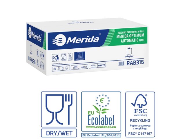 Ręczniki papierowe w roli z adaptorem, MERIDA OPTIMUM AUTOMATIC MAXI ECOLABEL, dwuwarstwowe, białe, średnica 19,5 cm, długość 240 m, karton 6 rolek Ręczniki papierowe w roli z adaptorem, MERIDA OPTIMUM AUTOMATIC MAXI ECOLABEL, dwuwarstwowe, białe, średnica 19,5 cm, długość 240 m, karton 6 rolek