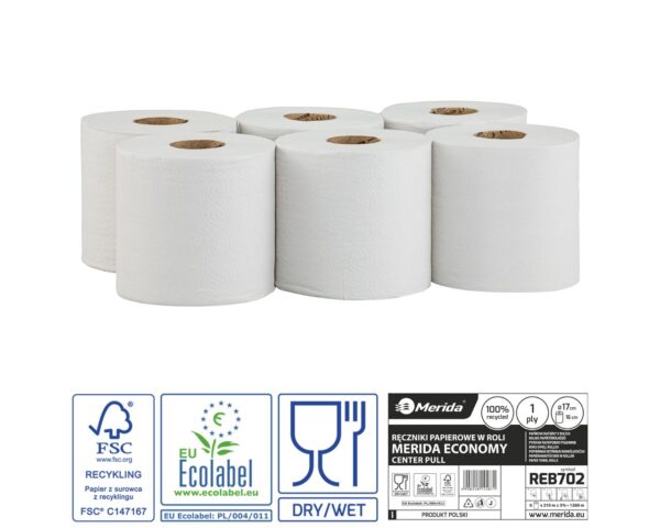 Ręczniki papierowe w roli MERIDA ECONOMY CENTER PULL MINI, białe, średnica 17 cm, długość 210 m, jednowarstwowe, zgrzewka 6 rolek, ECOLABEL Ręczniki papierowe w roli MERIDA ECONOMY CENTER PULL MINI, białe, średnica 17 cm, długość 210 m, jednowarstwowe, zgrzewka 6 rolek, ECOLABEL