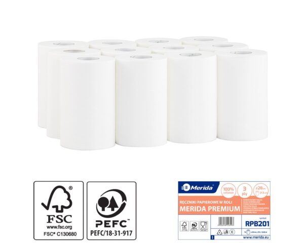 Ręczniki papierowe w roli MERIDA PREMIUM MINI, białe, średnica 13 cm, długość 44 m, trzywarstwowe, zgrzewka 12 rolek Ręczniki papierowe w roli MERIDA PREMIUM MINI, białe, średnica 13 cm, długość 44 m, trzywarstwowe, zgrzewka 12 rolek