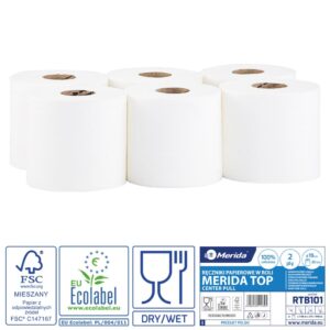 Ręczniki papierowe w roli MERIDA TOP MAXI, białe, średnica 19 cm, długość 158 m, dwuwarstwowe, zgrzewka 6 rolek, ECOLABEL