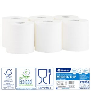 Ręczniki papierowe w roli MERIDA TOP CENTER PULL MAXI, białe, średnica 20 cm , długość 320 m, jednowarstwowe, zgrzewka 6 rolek, ECOLABEL
