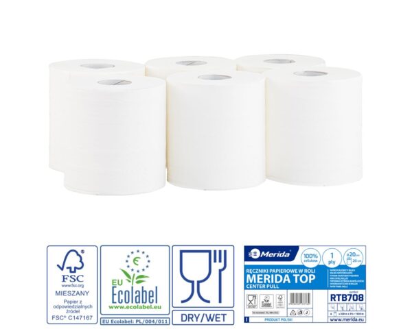 Ręczniki papierowe w roli MERIDA TOP CENTER PULL MAXI, białe, średnica 20 cm , długość 320 m, jednowarstwowe, zgrzewka 6 rolek, ECOLABEL