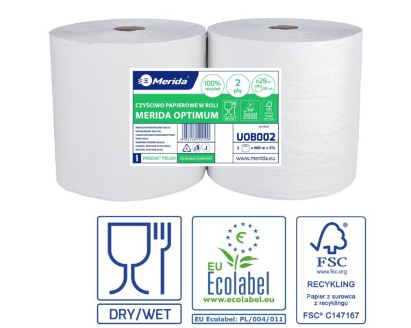 Czyściwo papierowe MERIDA OPTIMUM 29, długość 400 m, dwuwarstwowe, BIAŁE, zgrzewka 2 sztuki, ECOLABEL