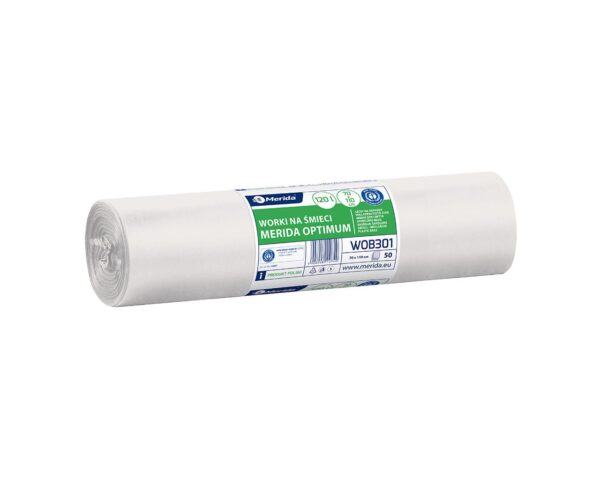 Worki na śmieci MERIDA OPTIMUM, 70 x 110 cm, pojemność 120 l, rolka 50 szt., BIAŁE, LDPE Worki na śmieci MERIDA OPTIMUM, 70 x 110 cm, pojemność 120 l, rolka 50 szt., BIAŁE, LDPE