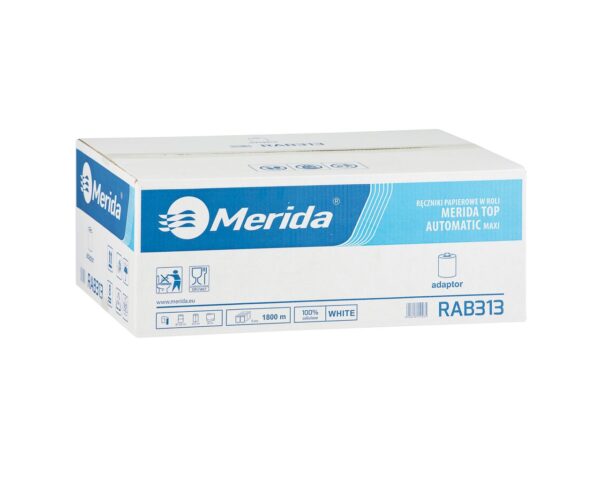 Ręczniki papierowe w roli z adaptorem MERIDA TOP AUTOMATIC MAXI, białe, średnica 19 cm, długości 300 m, jednowarstwowe, karton 6 rolek