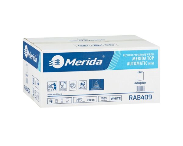 Ręczniki papierowe w roli z adaptorem MERIDA TOP AUTOMATIC MINI, białe, średnica 16 cm, długość 120 m, dwuwarstwowe, karton 6 rolek