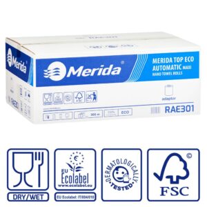 Ręczniki papierowe w roli z adaptorem MERIDA TOP EKO AUTOMATIC MAXI, piaskowe, średnica 19 cm, długość 150 m, dwuwarstwowe, karton 6 rolek, ECOLABEL
