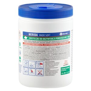 Chusteczki nasączone do dezynfekcji rąk i powierzchni MERIDA VADO SOFT, bezalkoholowe, tuba, 15 m, 100 listków
