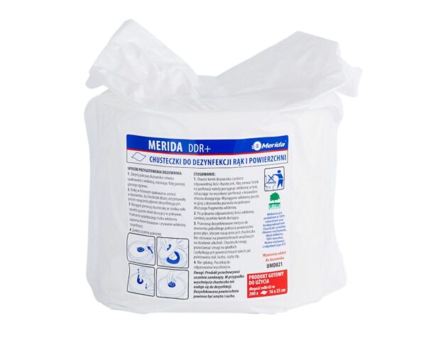 Chusteczki nasączone do chirurgicznej i higienicznej dezynfekcji rąk i powierzchni MERIDA POLANA DDR+, wkład uzupełniający do wiadra 6 l, 65 m, 260 listków