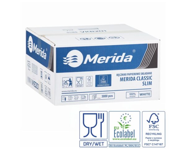 Ręczniki papierowe MERIDA CLASSIC SLIM, białe, jednowarstwowe, 3000 szt., ECOLABEL Ręczniki papierowe MERIDA CLASSIC SLIM, białe, jednowarstwowe, 3000 szt., ECOLABEL