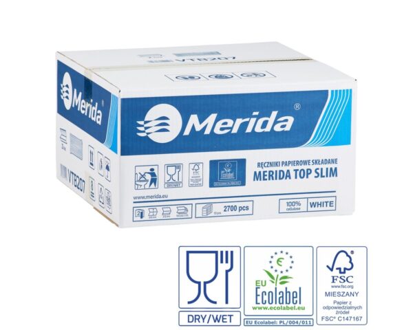 Ręczniki papierowe MERIDA TOP SLIM, białe, dwuwarstwowe, 2700 szt., ECOLABEL Ręczniki papierowe MERIDA TOP SLIM, białe, dwuwarstwowe, 2700 szt., ECOLABEL