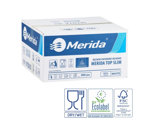 Ręczniki papierowe MERIDA TOP SLIM, białe, jednowarstwowe, 3000 szt., ECOLABEL Ręczniki papierowe MERIDA TOP SLIM, białe, jednowarstwowe, 3000 szt., ECOLABEL