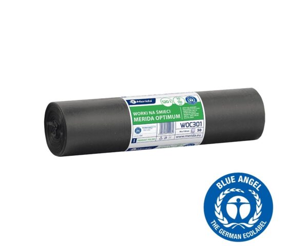 Worki na śmieci 120 l, MERIDA OPTIMUM BLUE ANGEL, czarne, 70x110 cm, rolka 50 szt.