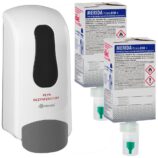 Dozownik płynu dezynfekcyjnego MERIDA ONE biały i dwa wkłady płynu dezynfekującego