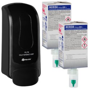 Dozownik płynu dezynfekcyjnego MERIDA ONE czarny i dwa wkłady płynu dezynfekującego