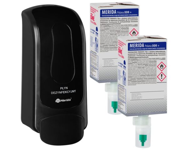 Dozownik płynu dezynfekcyjnego MERIDA ONE czarny i dwa wkłady płynu dezynfekującego Dozownik płynu dezynfekcyjnego MERIDA ONE czarny i dwa wkłady płynu dezynfekującego